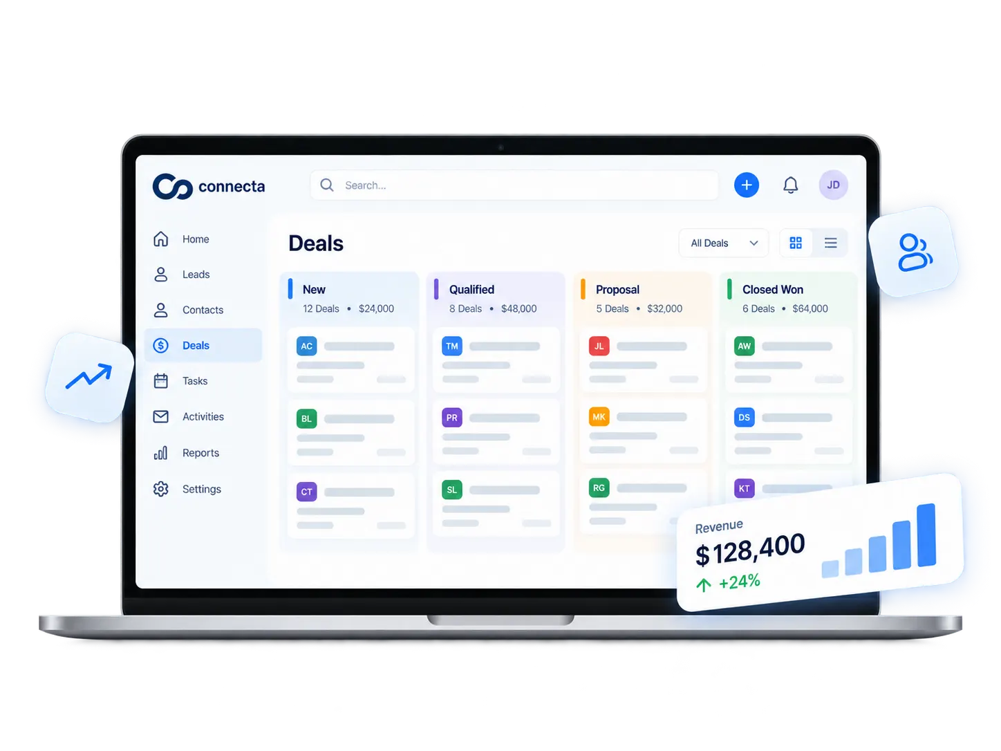 Giao diện minh hoạ Zoho CRM với bảng pipeline cơ hội bán hàng theo từng giai đoạn